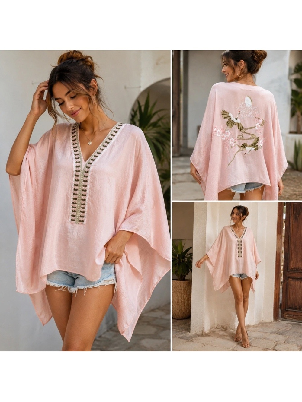 Anthropologie Blush Pink Embroidered Crane Kimono Poncho One Size MSRP $98 NEW